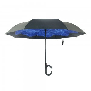 Grossistförsäljning anpassad logotyp tryckt automatiskt öppen dubbellager inverterad bil omvänd paraply med C-format handtag