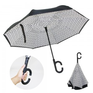 تھوک کسٹم لوگو پرنٹ شدہ آٹو اوپن ڈبل لیئر الٹی کار ریورس چھتری سی کے سائز کے ہینڈل کے ساتھ