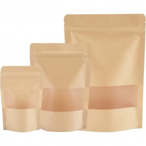 ในสต็อก Kraft Stand Up Resealable Bags with Window Heat-Sealable