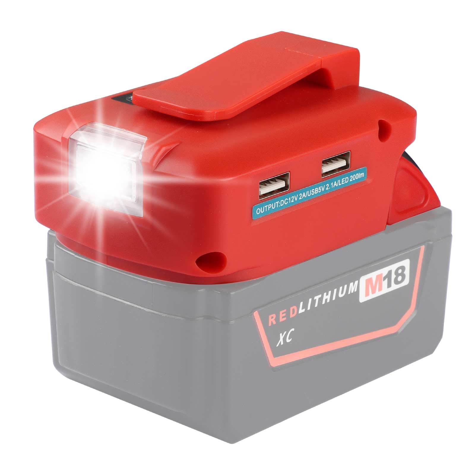 Urun Battery Adapter dirije limyè ak DC Port & 2 USB Port pou Dewalt & Milwaukee 14.4-18V Lithium Battery Sous pouvwa