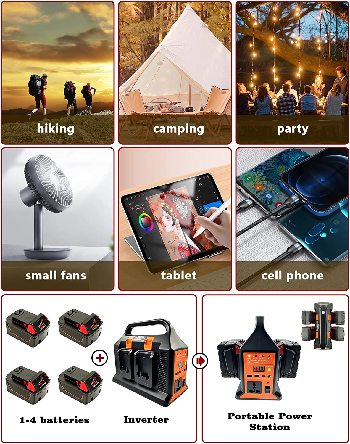 Inverter di alimentazione portatile a 4 canali da 300 W per l'illuminazione e la ricarica di emergenza da campeggio all'aperto