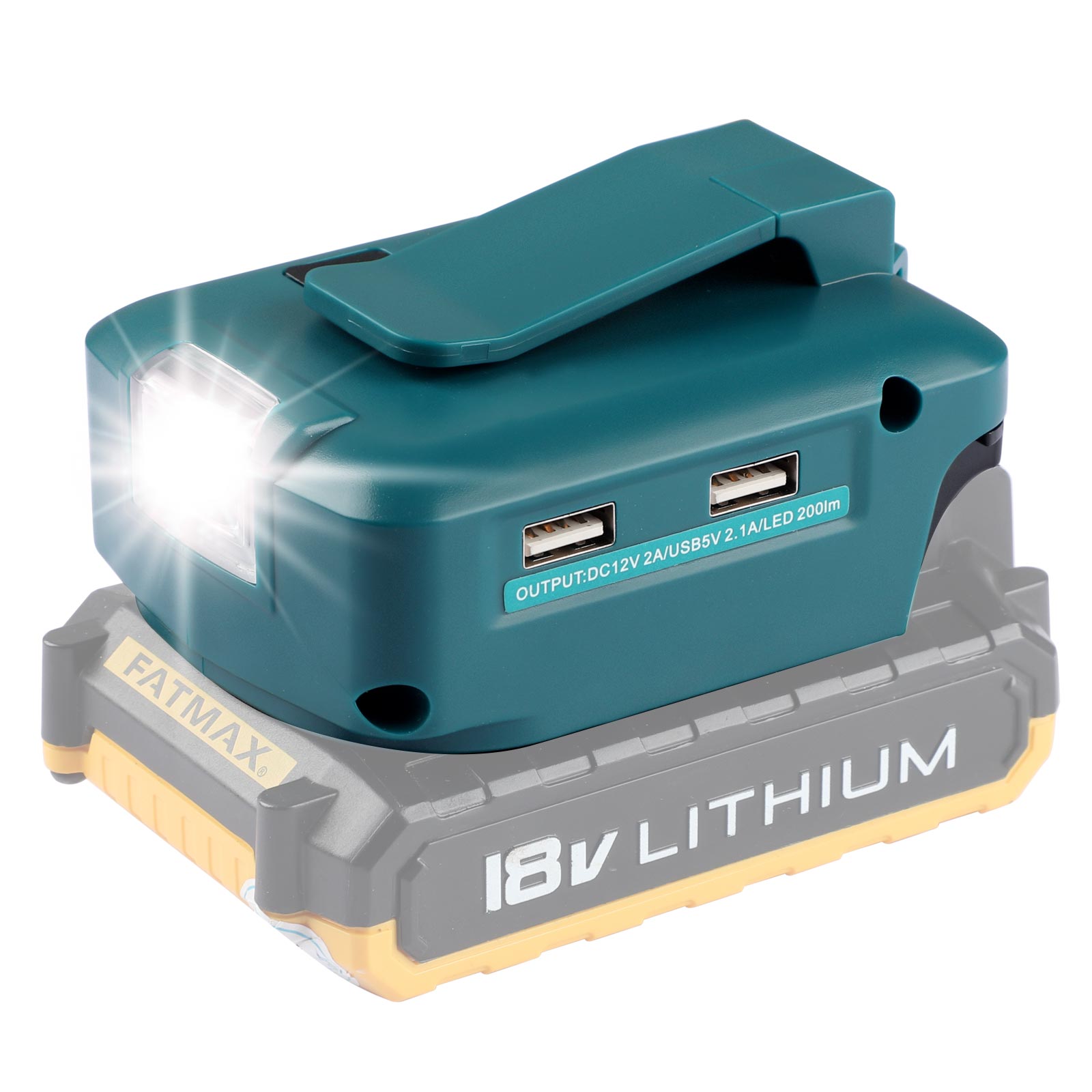 Urun akumulatora adaptera LED gaisma ar līdzstrāvas pieslēgvietu un 2 USB portu Black&Decker 14,4–18 V litija akumulatora barošanas avotam