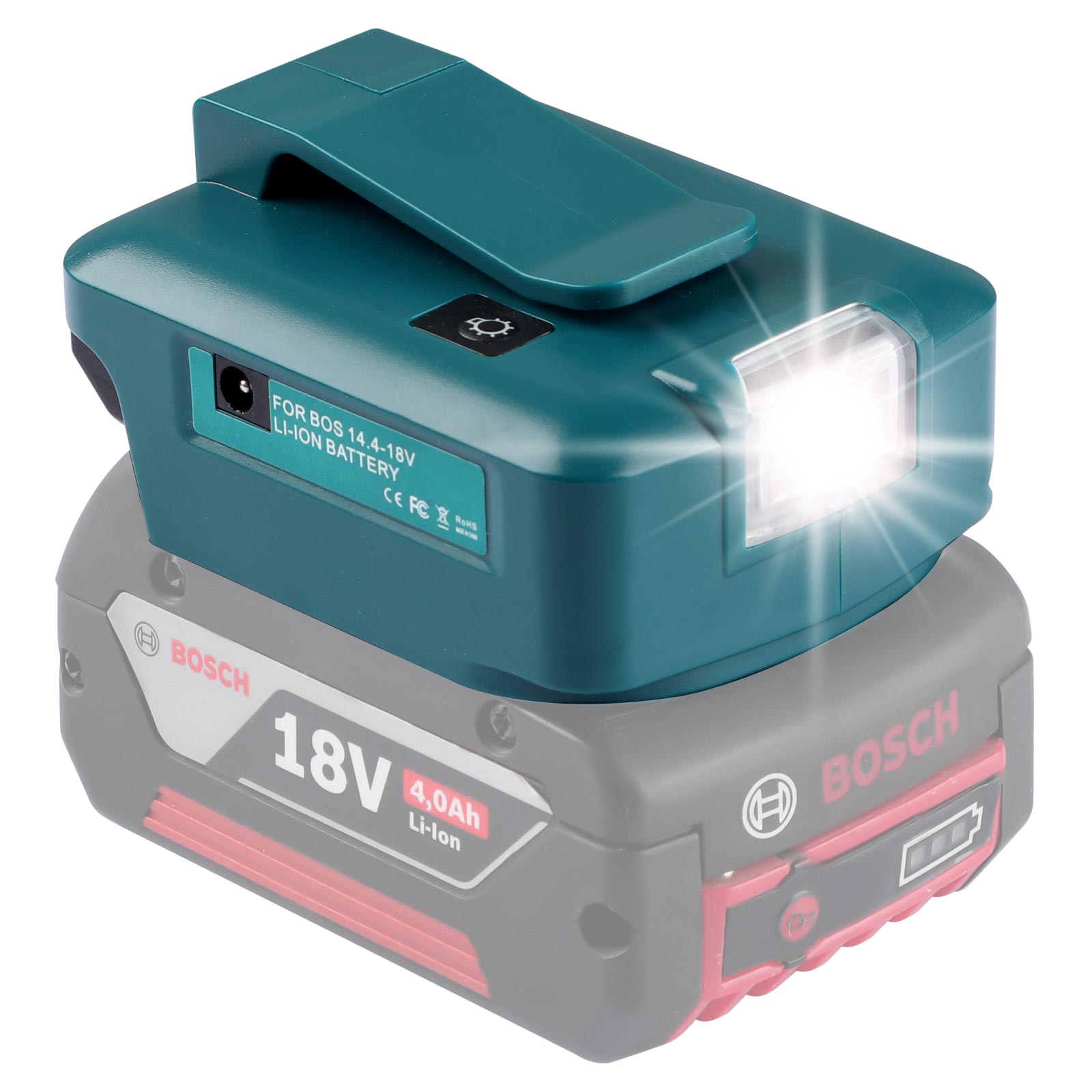 Urun Battery Adapter LED Teeb nrog DC Chaw nres nkoj & 2 USB Chaw nres nkoj rau Bosch 14.4-18V Lithium Roj teeb Lub Zog
