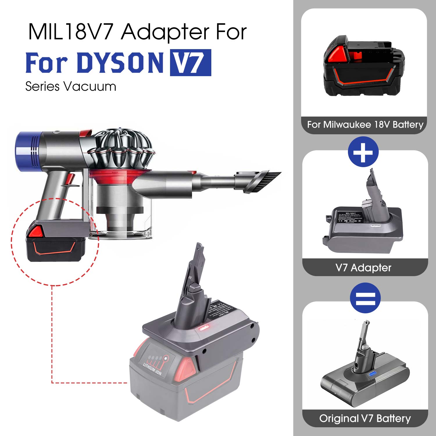 Per a l'adaptador Dyson V7 per al convertidor de bateria de liti Milwaukee M18 18V a Dyson V7, s'utilitza per a l'aspiradora Dyson V7