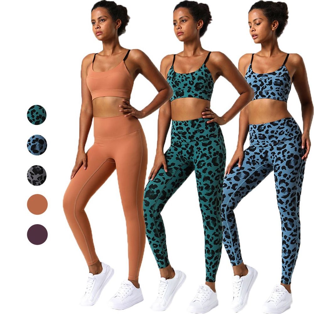 Set de yoga cu imprimeu leopard, fără sudură, pentru fitness, costum de yoga reciclat