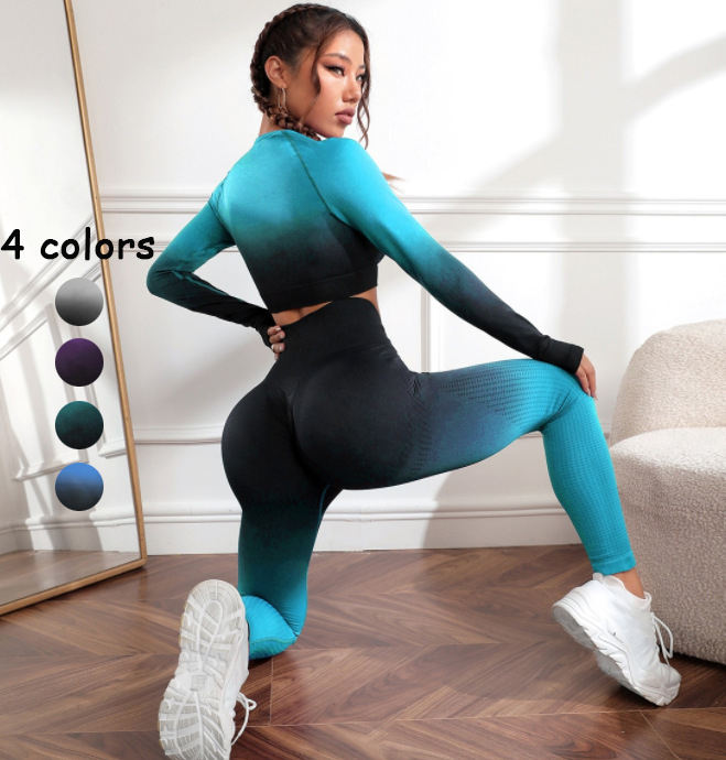 Yoga Set Seamless Ombre Workout Sportswear Crop Top High Waist Leggings