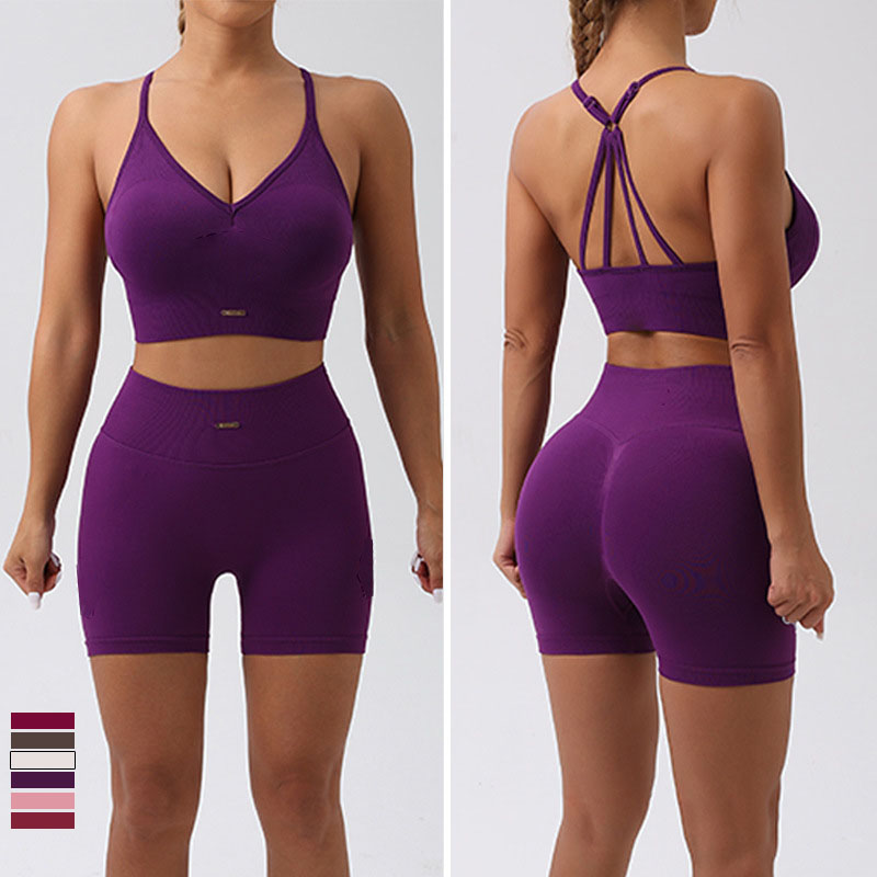 Yoga Set Gold Label Adjustable Cross Back Sports Bra Ombre Biker Shorts