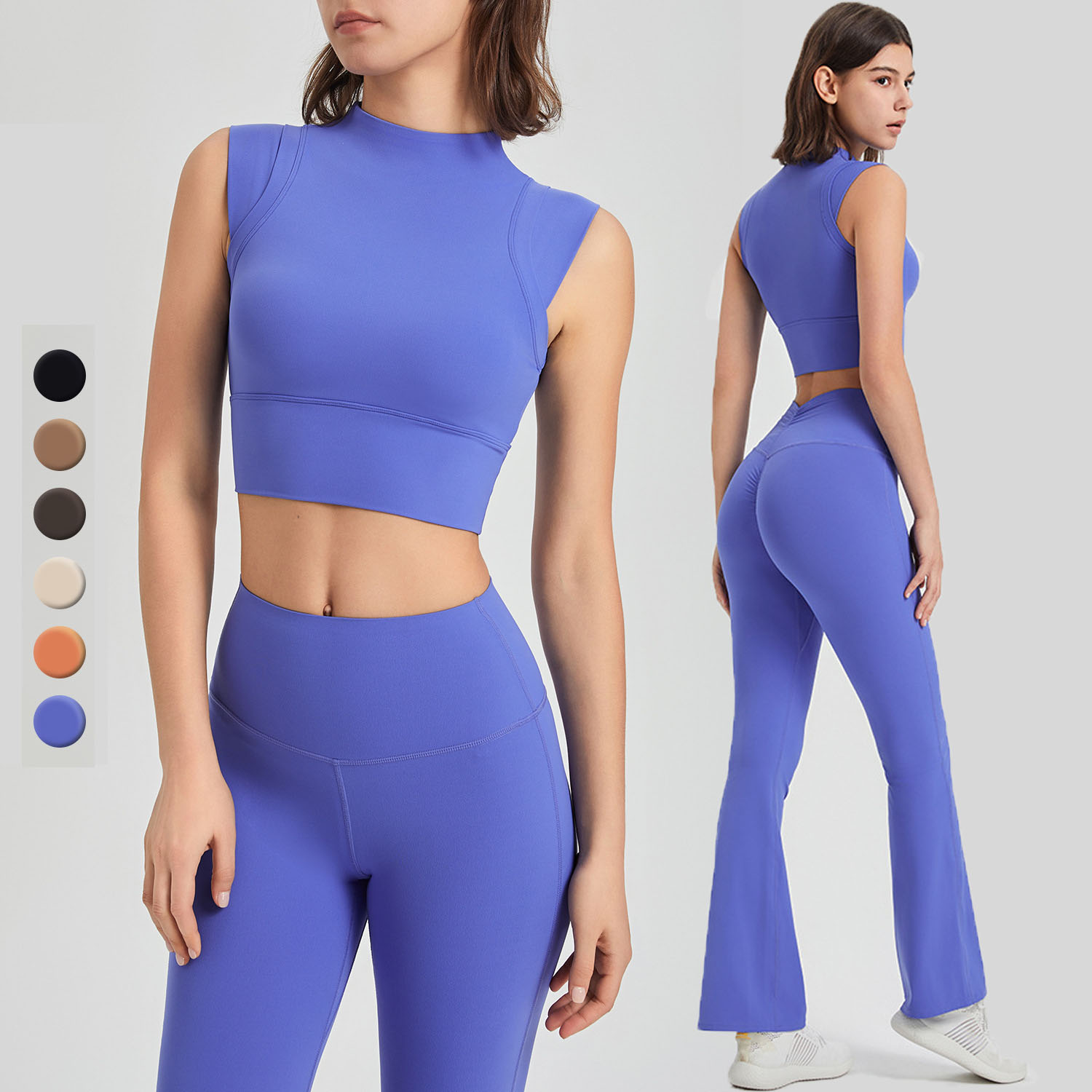 Yoga Set High Waist Flared Pants Solid Color Tank Top Workout Wear