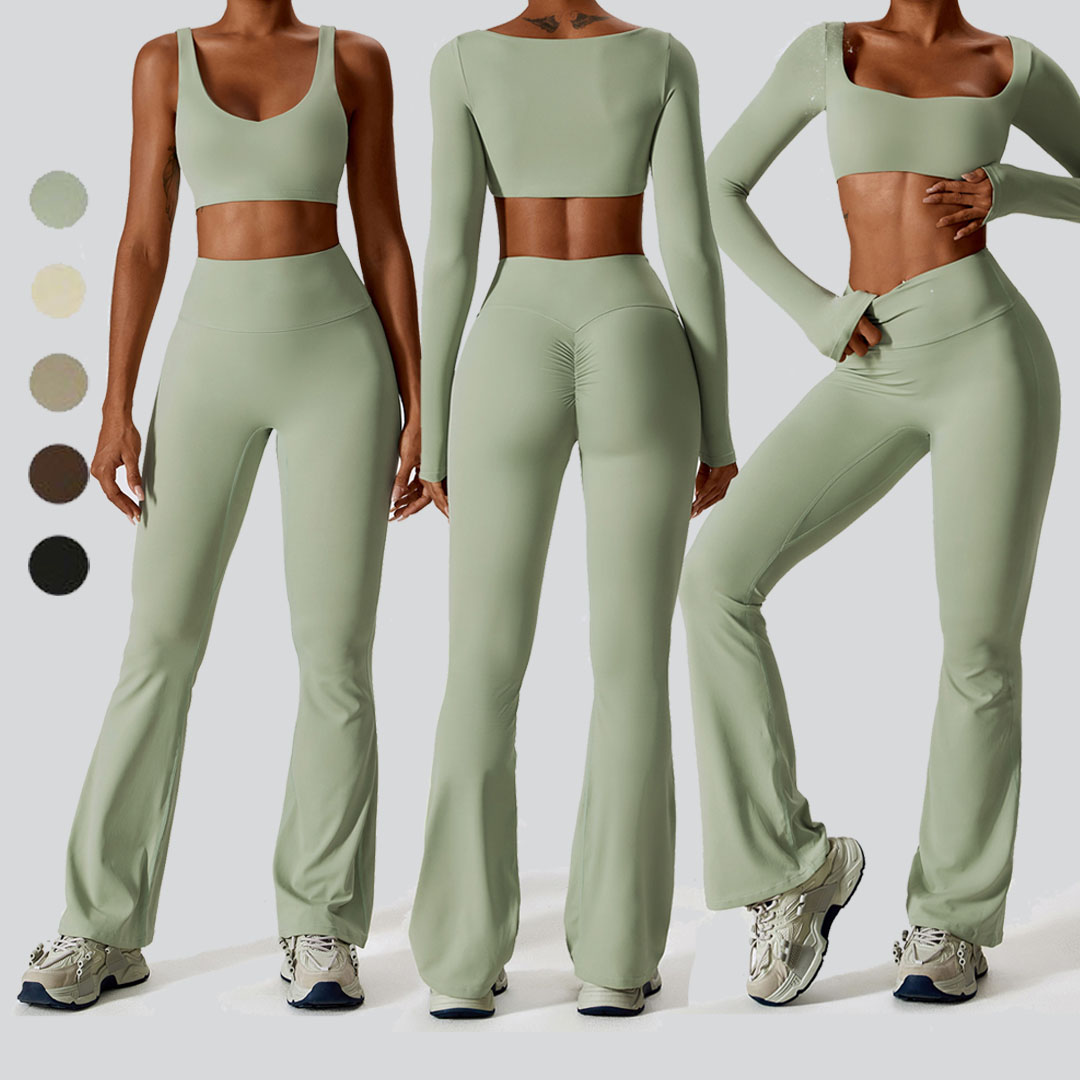 I-Yoga iSeti yokuQeqesha iTights Crop Top Seamless Sleeve Long Sleeve Fitness Suit