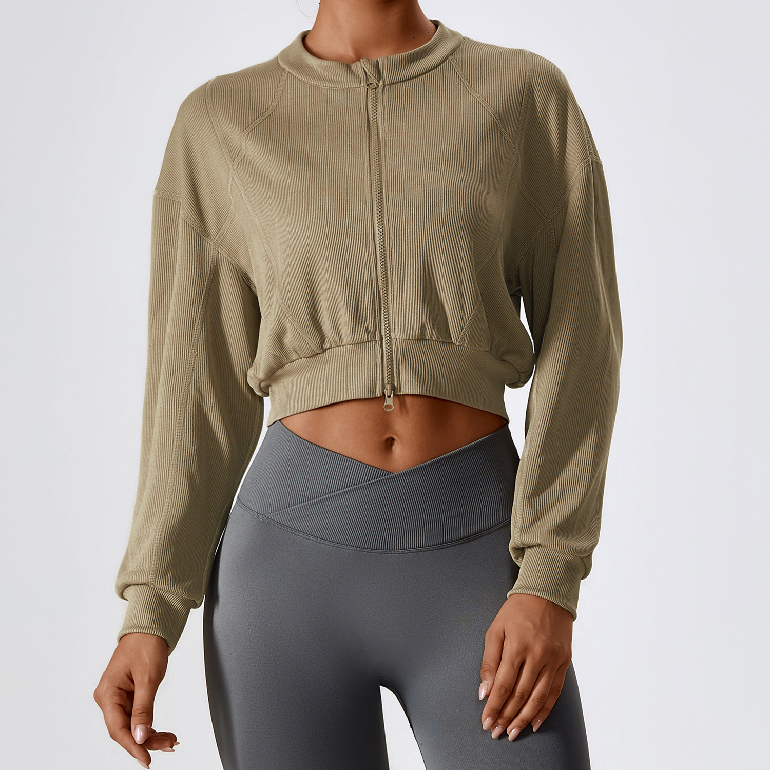 Yoga Jackets Ribbed Fabric Crop Top Full Zip Design Hoodie Long Sleeve