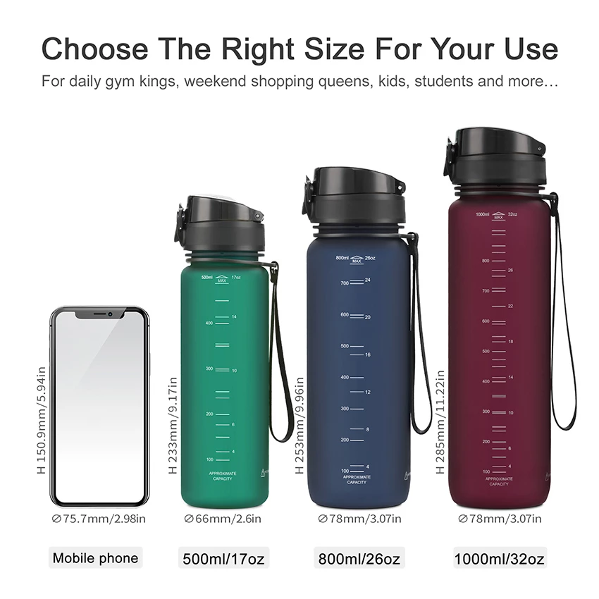 1000ml 32OZ UZPSACE BPA Free Outdoor Sport Tritan Water Bottle Plastic