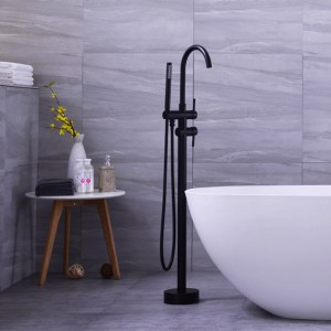 Grifo para bañeira independente Grifos para bañeira de latón montados no chan negro con ducha de man