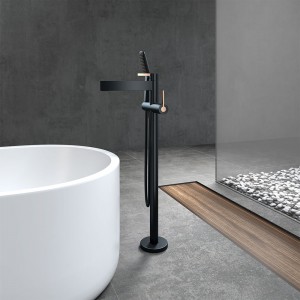 Grifo de bañeira independente para baño con mango único negro mate Recheo de bañeira montado no chan con conxunto de ducha de man