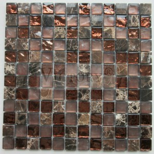 Wholesale Electroplating Golden Color Glass Mosaic na may Marble Stone Mosaic Tile Laminated Electroplating Cold Spray Brown Yellow Water Ripple Rectangle Glass Mosaic