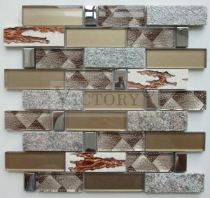 Pola Basketweave Marmer Campuran Kaca Batu Mosaik pikeun Desain Interior Gaya Tengah Ruang Makan Dekoratif Kaca Batu Mosaik