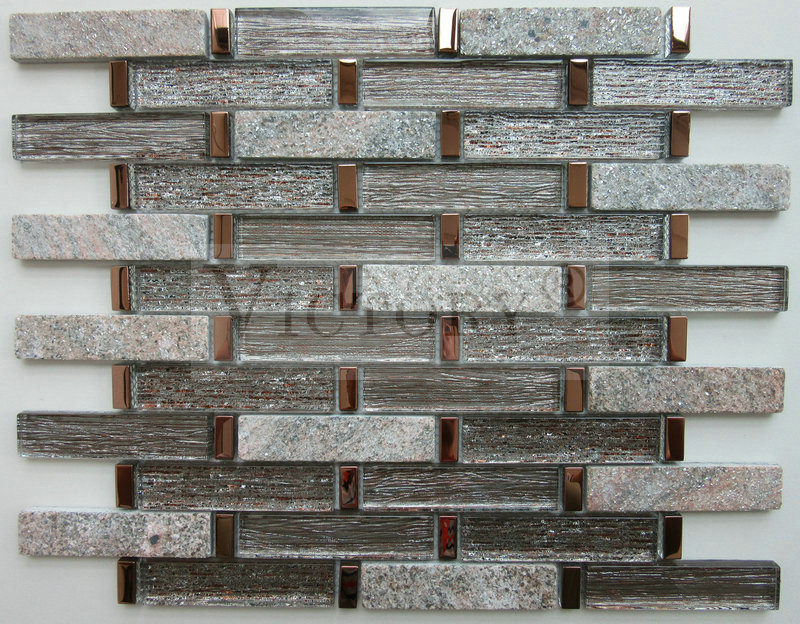 Strip Design Mix Glass and Quartz Stone Mosaic Hot Sale Wall Background Decorative Natural Quartzite Mosaic Tile Wholesale Electroplate Design Decorative Backsplsah Wired Glass Mosaic Tile Featured Image