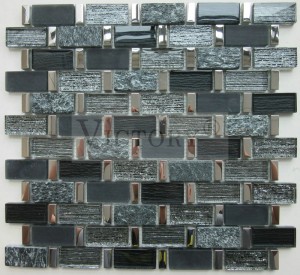 Black Color 23X48mm 8mm Thickness Mix Metal and Glass Mosaic Bathroom Tile Artistic Wall Tiles Gold Line Long Strip Template Glass Mosaic Glass Electroplating Metal Color Wall and Floor and Background Wall Decoration Mosaic