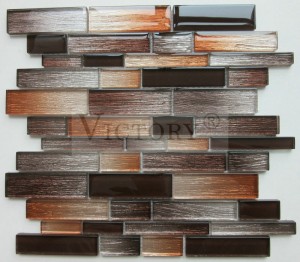 ការរចនាកញ្ចក់ Mosaic សម្រាប់ផ្ទះបាយ Backsplash Gradient Brown Glass Mosaic Strip Laminated Glass Aluminum Crystal Mosaic Tile