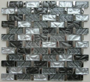 Couleur noire 23X48mm 8mm épaisseur mélange métal et verre mosaïque salle de bain carrelage artistique mur ligne or longue bande modèle verre mosaïque verre galvanoplastie métal couleur mur et sol et arrière-plan