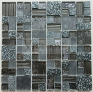 Duschraum Emperadordark Marmor und Kaffee Farbe Glasmosaik Hochwertige 300 * 300 Kristallmosaik Aufkantung Wandfliesen Weiße und silbrige quadratische Mosaikfliese aus Glas für die Küche