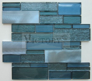Högkvalitativt material Aluminiumblandning Brunt tyg Glasmosaik Bläckstråleglaserad hamnblå Unik linjär textur Glasmosaikplatta