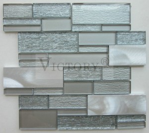 Højkvalitets materiale Aluminium Mix Brunt stof Glas Mosaik Inkjet Glaseret Havn Blå Unik Lineær Tekstur Glas Mosaik Flise