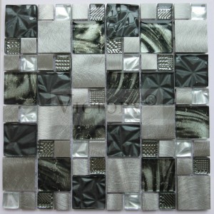ແກ້ວປະສົມກັບອະລູມິນຽມ Mosaic ສີດໍາ Metallic Mosaic ກະເບື້ອງ Brushed Metal Mosaic Tiles Mosaic Backsplash ແນວຄວາມຄິດ