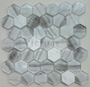 Mosaic glainne leac hexagon 6mm airson sgeadachadh dachaigh marmor agus breac-dhualadh measgaichte glainne airson còmhdach balla seòmar-ionnlaid