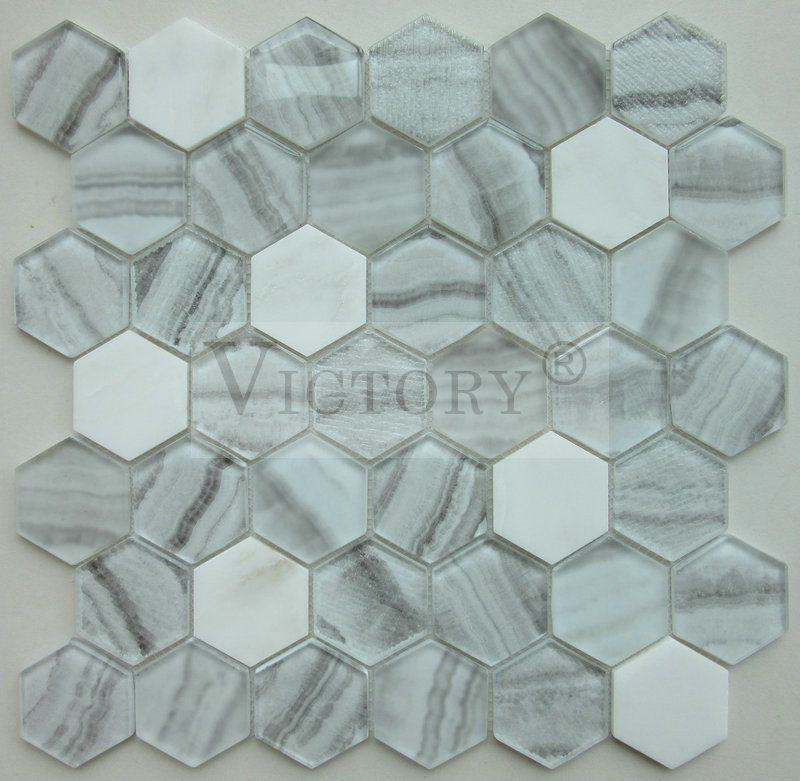 Мозаик од стакло со шестоаголна плочка од 6 мм за домашен декор Мешан мозаик од мермер и стакло за обложување на ѕидови во бања Избрана слика