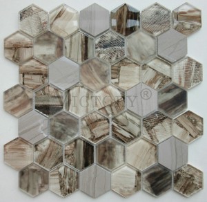 Мозаик од стакло со шестоаголни плочки за домашен декор Мешан мозаик од мермер и стакло за обложување на ѕидови во бања
