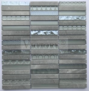Mozaic de sticlă în bandă și marmură de piatră pentru fundal de perete Placă de mozaic de marmură albă Mozaic de piatră naturală Mozaic de sticlă Model stivuit Placă de mozaic de piatră de marmură gri pentru design interior
