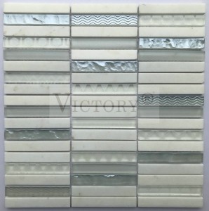 အတွင်းပိုင်းဒီဇိုင်းအတွက် နံရံအကာအတွက် Strip Glass Mosaic နှင့် Stone Marble Stone White Marble Mosaic Tile သဘာဝကျောက် Mosaic Glass Mosaic Stacked Pattern Grey Marble Stone Mosaic Tile