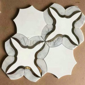 Китайська мозаїчна водоструминна мозаїка Біла мозаїчна плитка Мармурова мозаїка Backsplash Гідроабразивна латунна інкрустація Мозаїка з білого каменю