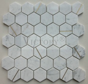 Bandă Linear Bronz Backsplash Perete Marmură Piatră Mozaic Hexagon Design Nou Hexagon Bandă de cupru încrustată Piatră Mozaic Piatră Decorare perete interior