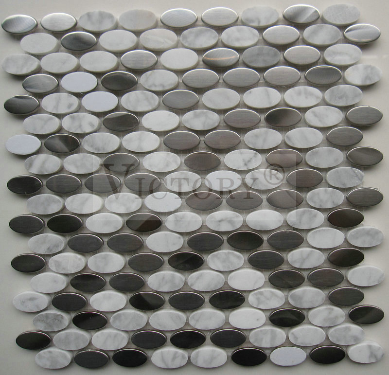High Quality 304 Stainless Hlau Mix Marble Mosaic Pobzeb Irregular Shape Chav Ua Noj Backsplash Txhuam Nyiaj Hlau Stainless Hlau Mosaic Featured duab