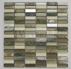Висококвалитетен кујнски ленти за грб стаклен камен алуминиумски мозаик плочка 300X300 Мешавина на бои за внатрешни ѕидови Стаклен камен мозаик плочка Евтина цена Стаклен камен мозаик плочки за ѕидови во европски стил