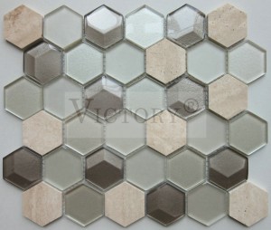 Американський стиль 3D Crystal Glass Mosaic Tile для сучасного оздоблення стін Білий травертин/Biancone/CreamMaifil/Emperador Marble Змішана скляна мозаїчна плитка Шестикутна форма для домашнього готелю Ванна кімната Кухня Стіна Backsplash