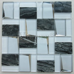 Kristal Beyaz ve Siyah Çin Mermer Mozaik Karışımı Ayna Cam Mutfak Duvarı için Lüks Ev Dekorasyonu Parlak Renkli Konik Cam Beyaz Ayna Mozaik Karo Tuğla 3D Duvar Karosu Mozaik