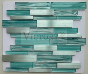 Sijajni trak iz laminiranega stekla in aluminijaste mozaične ploščice Kuhinjska hrbtna plošča Prilagodite dizajne Fantasy barvni stekleni in kovinski mozaiki za steno