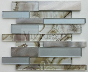 Mattonelle di mosaico di vetro laminato magico con vetro laminato grigio argento di alluminio + mosaico di alluminio