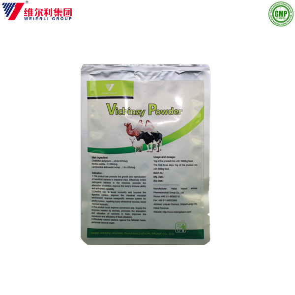 Højkvalitets fodertilsætningsstof probiotika Vicbinzy-pulver til forbedring af stofskifte og immunitet hos fjerkræ.