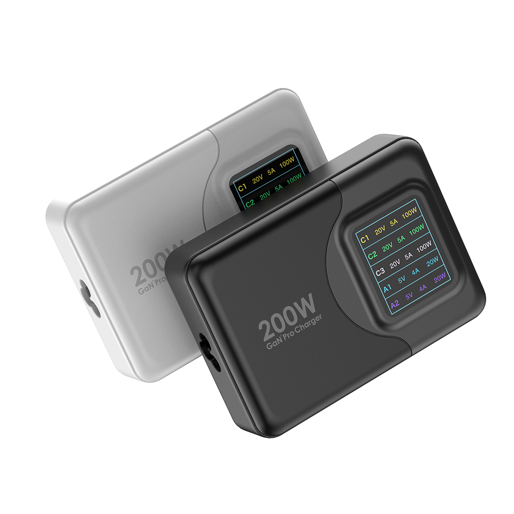 Vina GaN Tech Multi-port 200W ल्यापटप मोबाइल फोन USB डेस्कटप फास्ट चार्जर भोल्टेज र वर्तमान डिजिटल डिस्प्लेको साथ