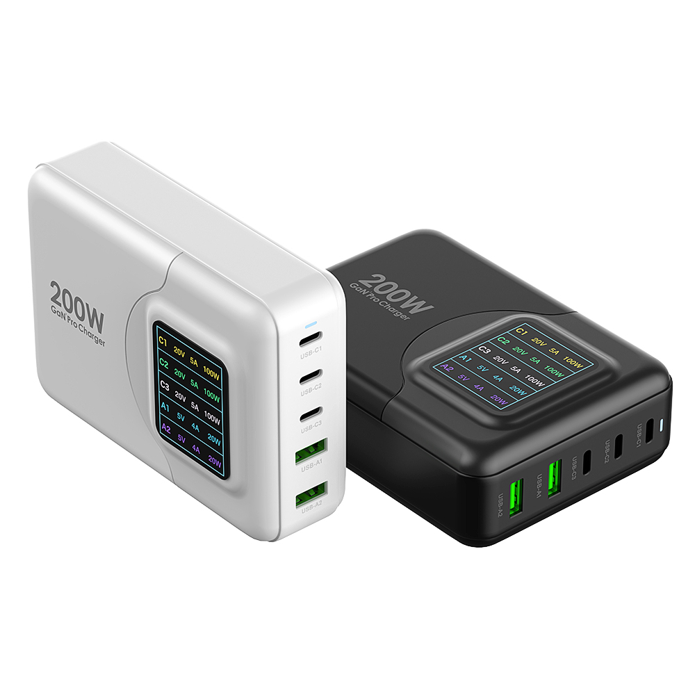 Vina GaN Tech Multi-port 200W Laptop Mobile Phone USB Desktop Fast Charger with Voltage and Current Digital Display