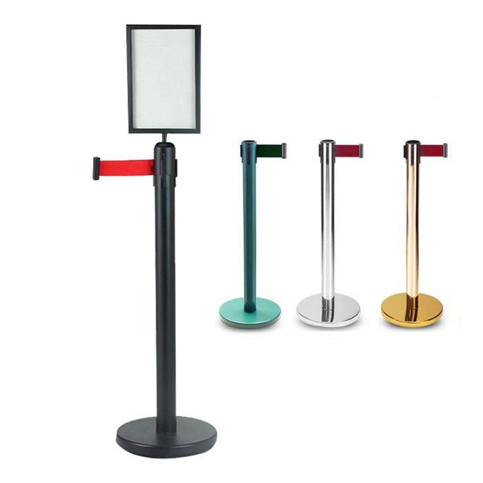 Control barriers Steel retractable belt barrier crowd queue controls post railing stand with A3/A4 sign holder Hotel Featured Image