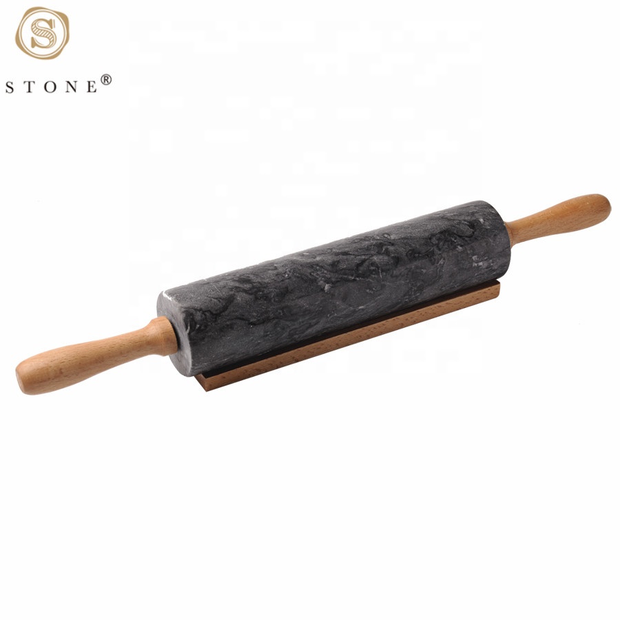 Natural marble stone rolling pin for kitchen with wooden handles and base