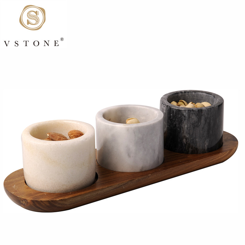 3pcs Marble Pinch Pot with Acacia Wooden Serving Tray/Marble Kitchen Storage Jar With Wood Base