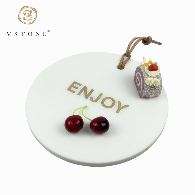Customized Round Marble Stone Cutting Cheese Board Chopping Board with inlaid copper words