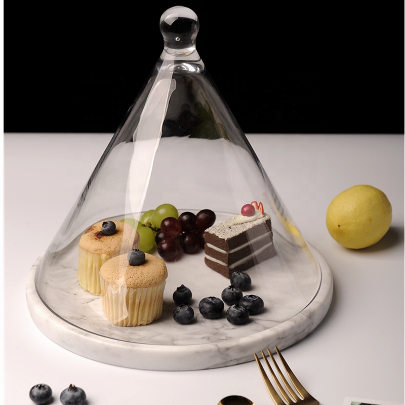 Kitchen Marble Cake Stand with Glass Dome Cheese Plate with Lid Stone Plate with Glass Cover