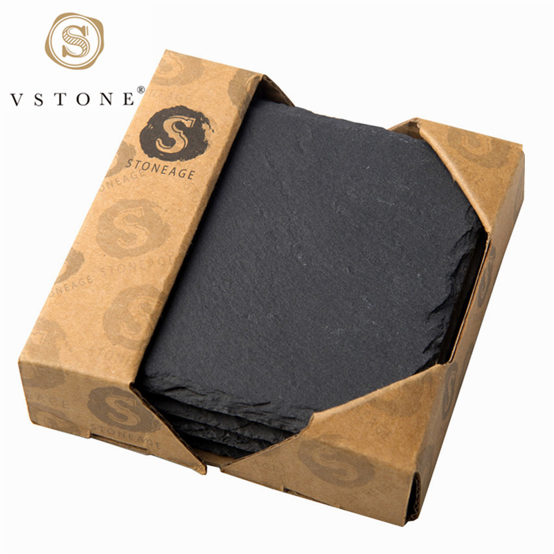 Hot Sale Square Black Natural Slate Stone Cup Coasters Rough Edge 10*10*0.5cm