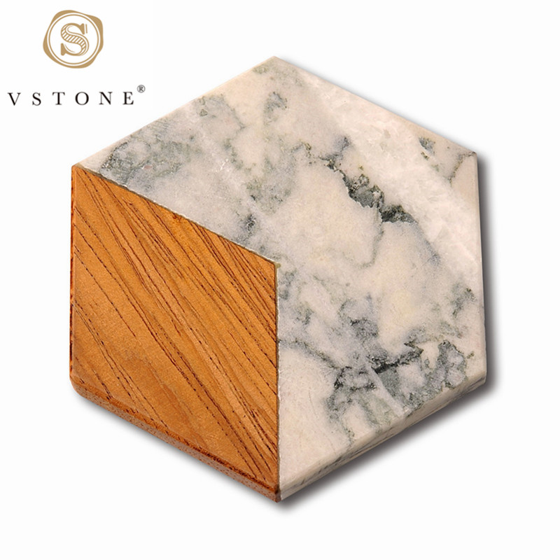 Wood Marble Coasters for Drinks, 4 x 4 inches,  Nordic Style Acacia Marble Square Bar Coasters